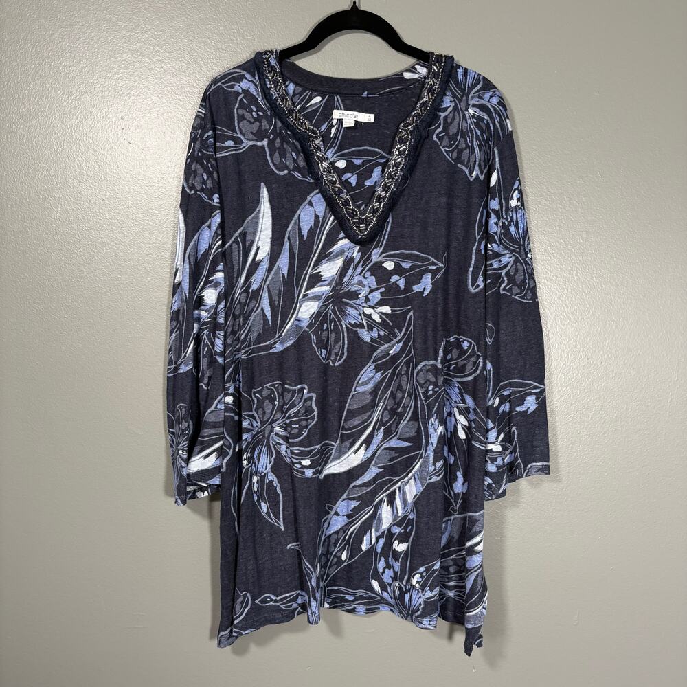 Chico's Blue Linen Boho Beaded Fringe Tunic Top - 4 (XXL) - Women's Plus Size